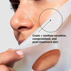 woman putting on biocellulose mask and words to describe how it feels, cool, soothes sensitive skin compromised and post-treatment skin