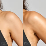 Before and after comparison of a person wearing a body shield cover on a plain background.