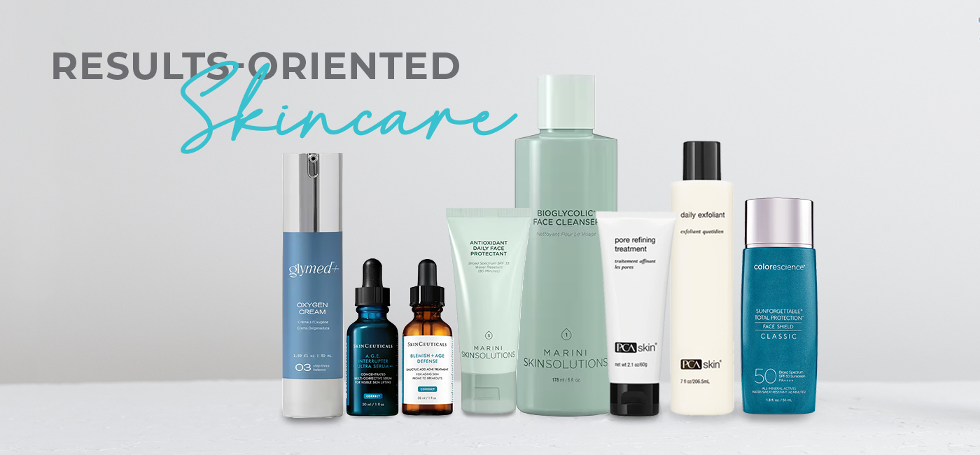 Collection of skincare products on a white background with 'Results-Oriented Skincare' text.