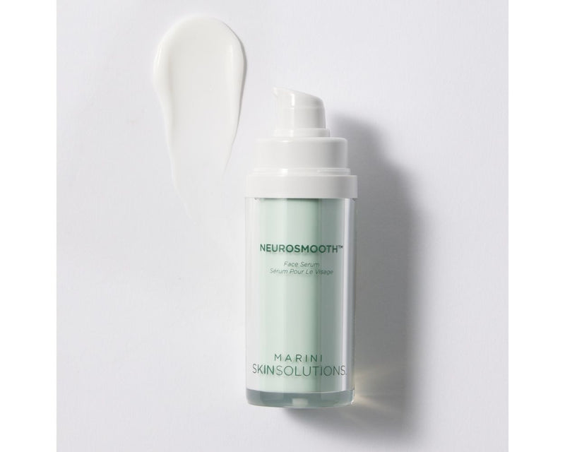 Marini Skin Solutions Neurosmooth skincare serum bottle on a white background with a dab of product to show color which is white
