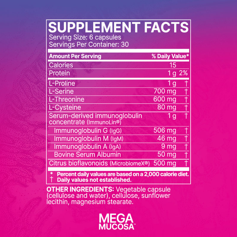Supplement Fact sheet on back of the bottle Microbiome Labs Mega Mucosa
