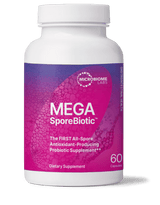 A bottle of Microbiome Labs MegaSpore Probiotics dietary supplement with 60 capsules.