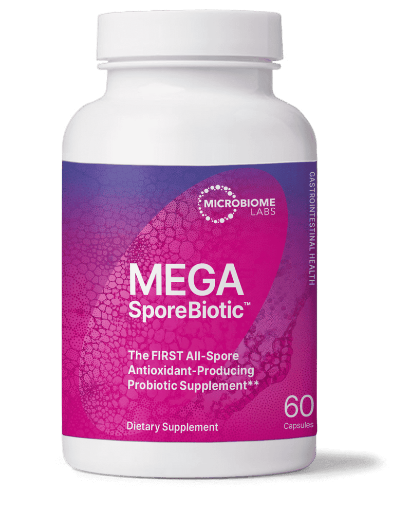 A bottle of Microbiome Labs MegaSpore Probiotics dietary supplement with 60 capsules.