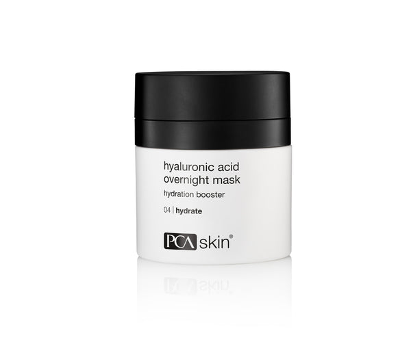 PCA Skin Hyaluronic Acid Overnight Mask in a white and black jar with a press-down lid.