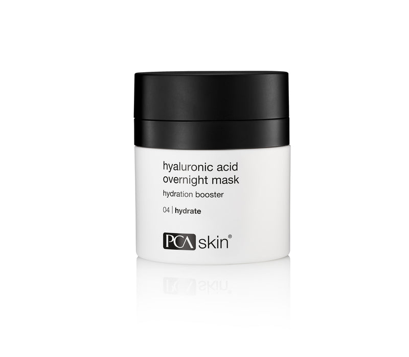 PCA Skin Hyaluronic Acid Overnight Mask in a white and black jar with a press-down lid.