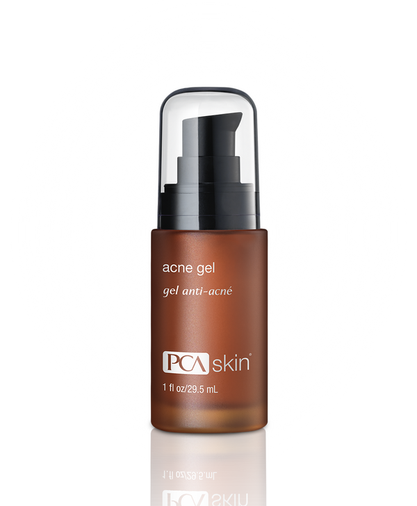 PCA Skin Acne Gel with 2% Salicylic Acid in a one ounce pump bottle, designed to clear existing breakouts and prevent future blemishes