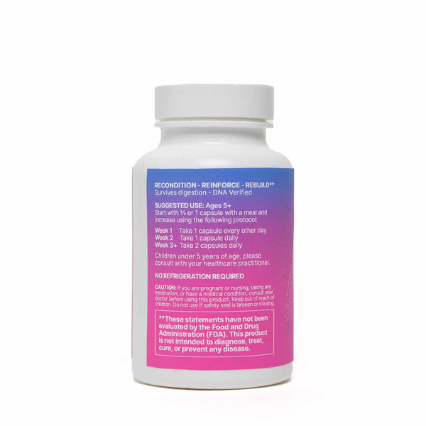 Back of the label and bottle of Microbiome Labs Mega SporeBiotics Probiotics  directions included with dosing